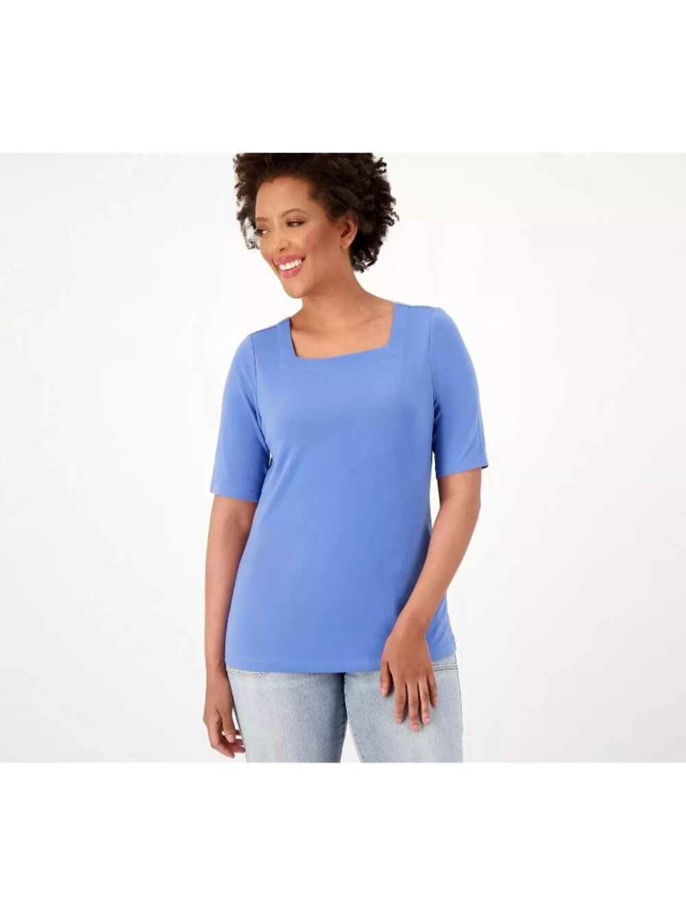 Susan Graver Top XXS Modern Essentials Liquid Knit Square Neck Blue Raffia NEW